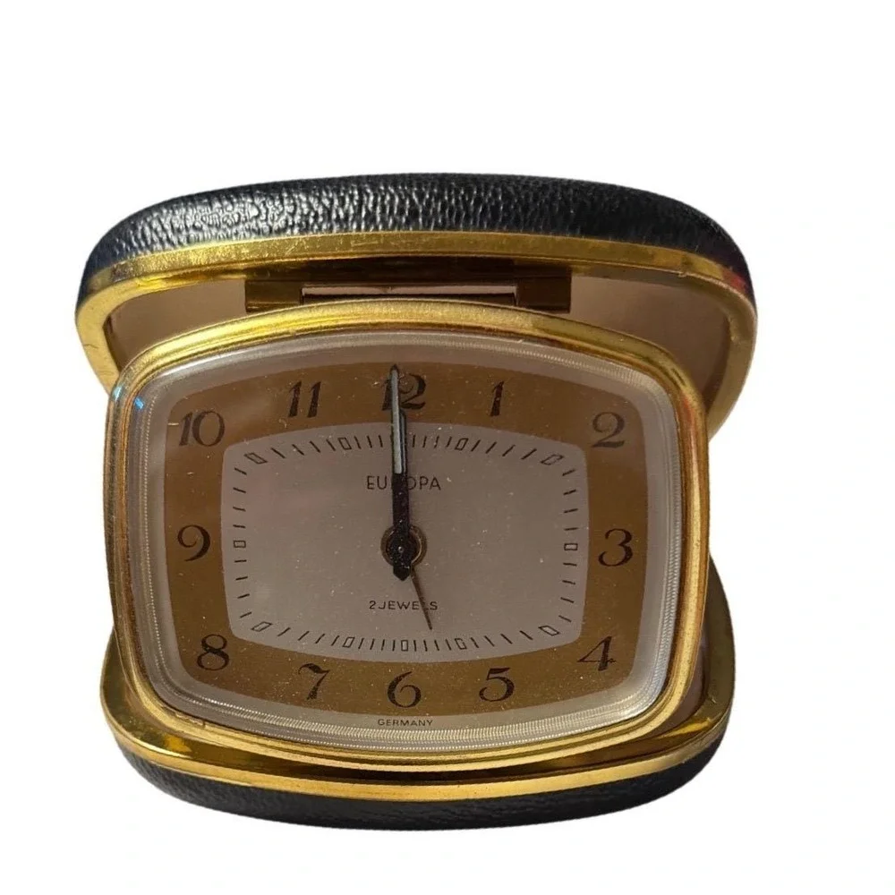 Europa Vtg Travel Alarm Clock 2 Jewels Manual Wind Germany Black‎ Gold Case